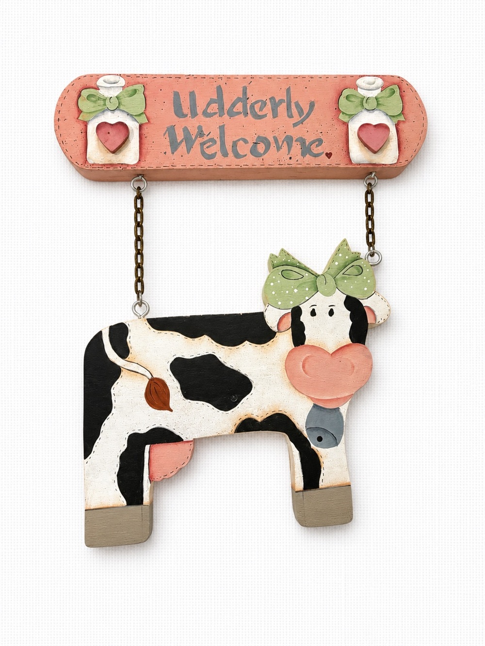 Vintage 90s Hand Painted “Udderly Welcome” Cow Wall Hanging Farmhouse Decor